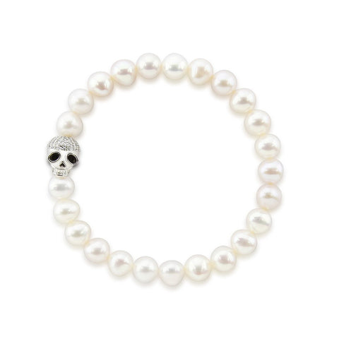 7.0-8.0mm High Luster White Freshwater Cultured Pearl Bracelet 7.5" with Skull bead 02
