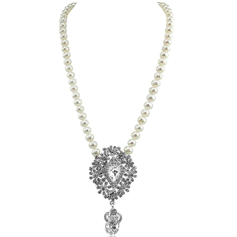 7.5–8mm White Freshwater Pearl Necklace with Rhinestone Pendant, 18"