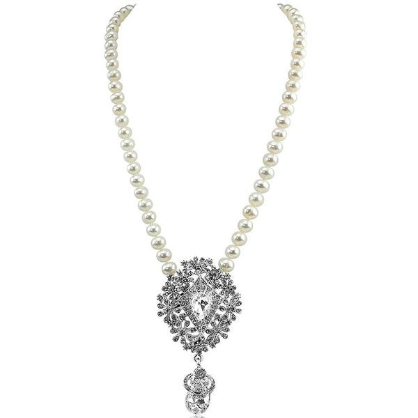 7.5-8.0 mm High Luster White Freshwater Cultured Pearl necklace 18" with Rhinestone Pendant