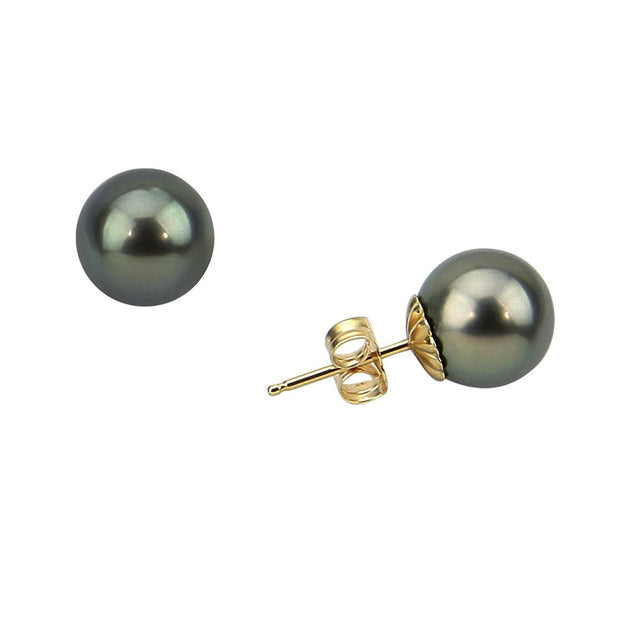 14K Yellow Gold 11–12mm Dark Grey Tahitian Cultured Pearl Stud Earrings
