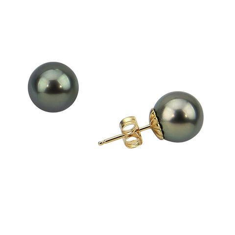 14K Yellow Gold 11-12mm Elegant Dark Grey Tahitian Cultured Pearl Stud Earrings - AAA Quality