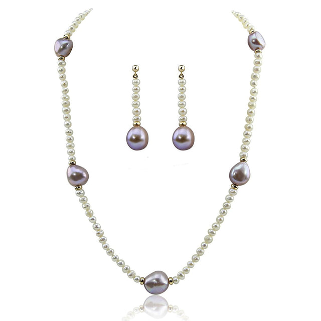 14K Yellow Gold 4–5mm White and 11–13mm Lavender Baroque Freshwater Cultured Pearl Necklace, 16", and Earring Set