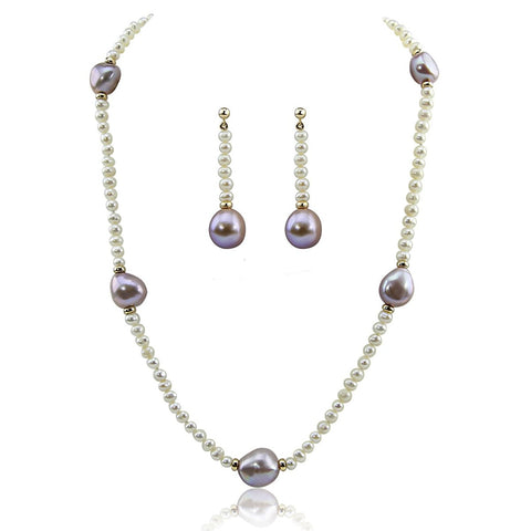 14k Yellow Gold 11-13mm Lavender, 4-5mm White Baroque Freshwater Cultured Pearl Necklace 18", earring set