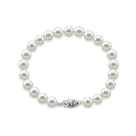 14K White Gold 8.0-9.0mm White Freshwater Cultured Pearl Bracelet 7.5" Length - AAA Quality