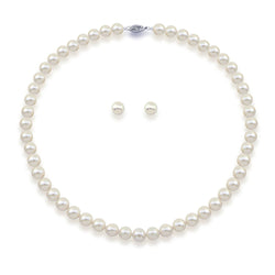 14K White Gold 7.0-8.0mm White Freshwater Cultured Pearl Necklace 20" and Earrings Set, AAA Quality