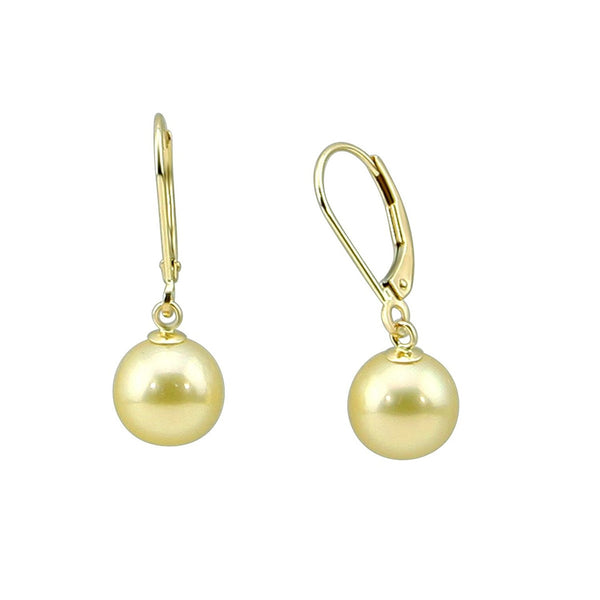 14k Yellow Gold 9.0-10.0mm Golden South Sea Cultured Pearl Lever-back Earrings-01- AAA Quality