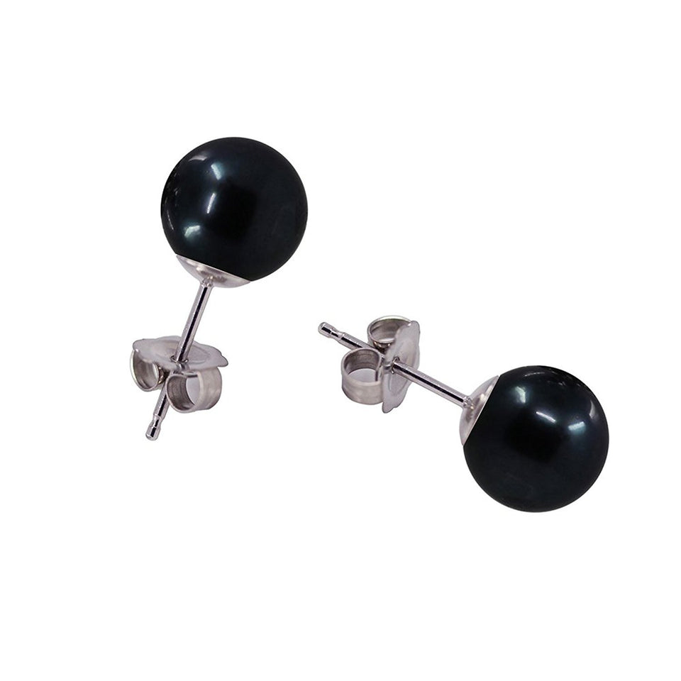 14K White Gold 7–7.5mm Dyed Black Akoya Cultured Pearl Stud Earrings