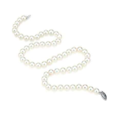 14k White Gold 7.0-7.5mm White with Ivory Akoya Cultured Pearl High Luster Necklace 18", AAA Quality.