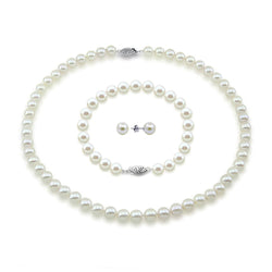 14K White Gold 8.0-9.0mm White Freshwater Cultured Pearl Necklace 17", Bracelet, and Earrings-AAA Quality