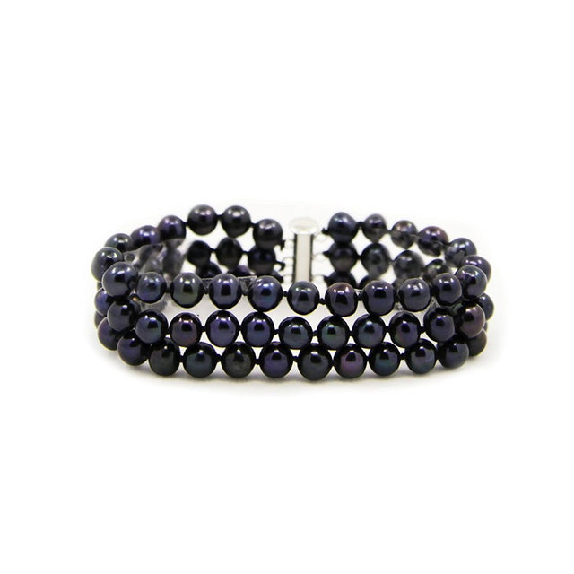 3-Row 6.5–7mm Black Freshwater Cultured Pearl Bracelet with Base Metal Clasp, 7.5"