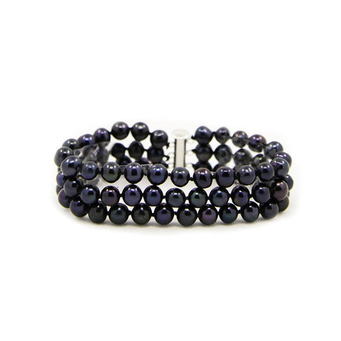 3-Row Black A Grade 6.5-7.0 mm Freshwater Cultured Pearl Bracelet With Base Metal Clasp, 7.5"