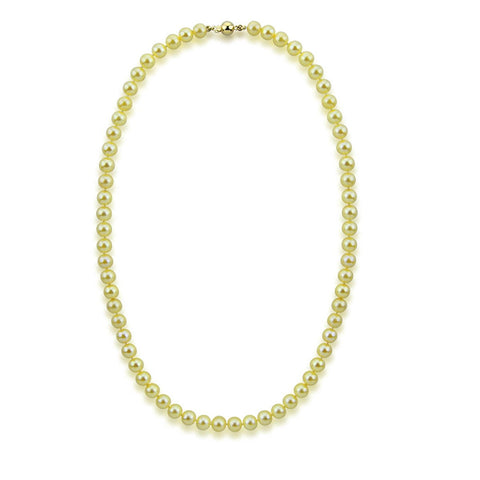 14k Yellow Gold 7.0-7.5mm Golden Akoya Cultured Pearl High Luster Necklace 20", AAA Quality.