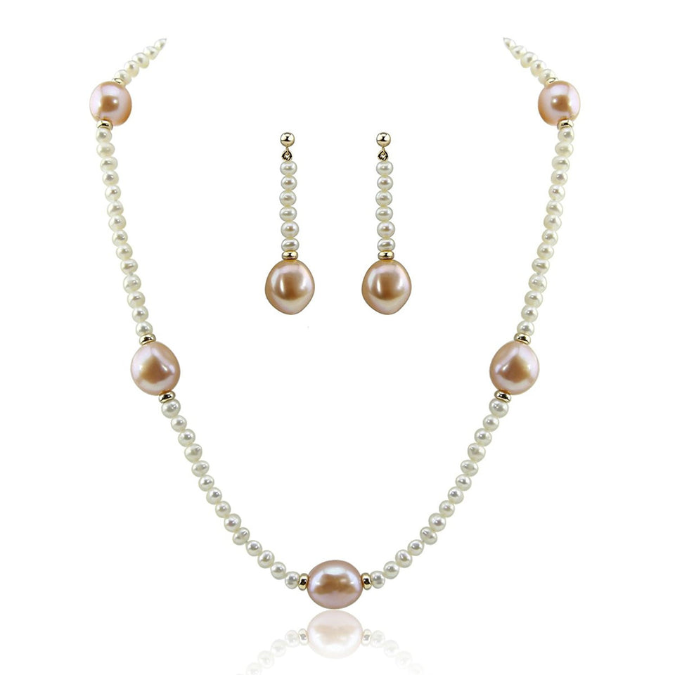 14K Yellow Gold 4–5mm White and 11–13mm Pink Baroque Freshwater Cultured Pearl Necklace, 20", and Earring Set