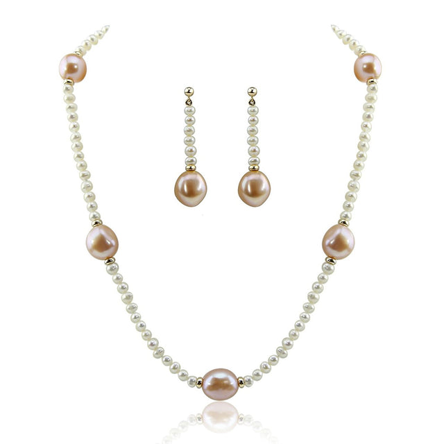 14K Yellow Gold 4–5mm White and 11–13mm Pink Baroque Freshwater Cultured Pearl Necklace, 20", and Earring Set