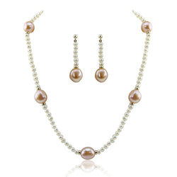 14k Yellow Gold 11-13mm Pink, 4-5mm White Baroque Freshwater Cultured Pearl Necklace 16" and earring sets