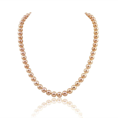 14K Yellow Gold 7.0-8.0mm Metallic Pink Freshwater Cultured Pearl Necklace, 20" Length - AAA Quality