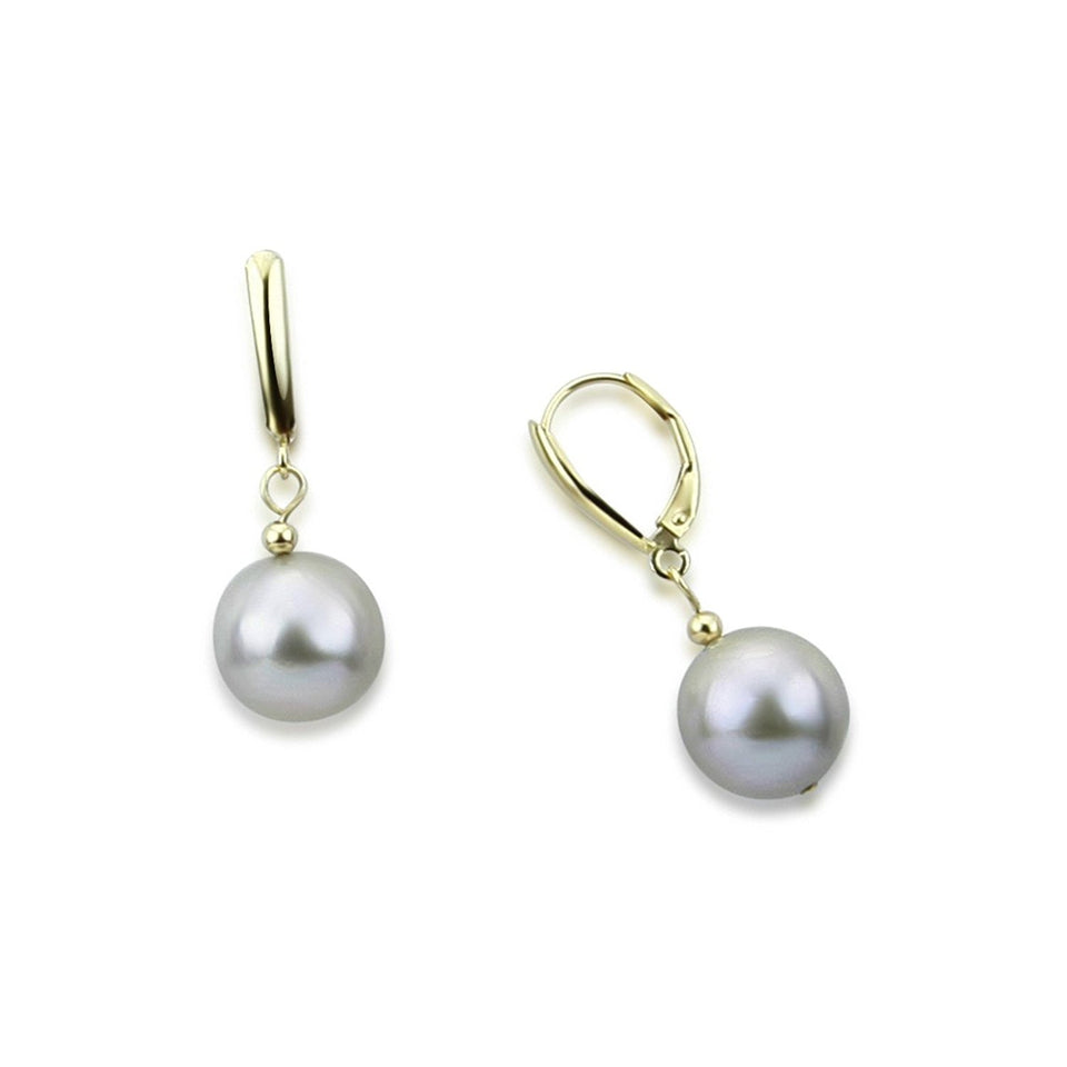 14K Yellow Gold 13–14mm Round Grey Freshwater Cultured Pearl Leverback Earrings