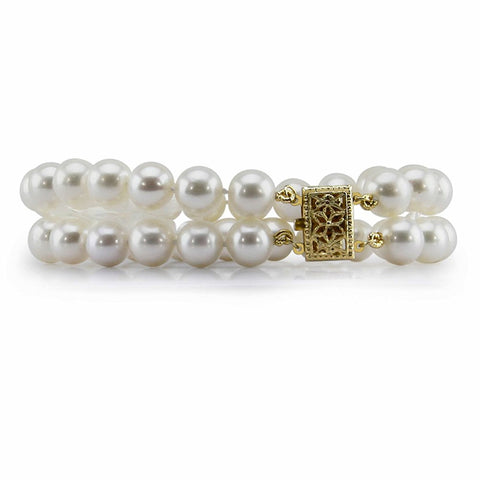 14K Yellow Gold 8.0-9.0mm 2 Row White Freshwater Cultured Pearl Bracelet 7.5" Length - AAA Quality