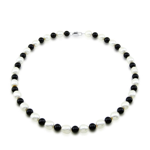 Classic 9-10mm White Freshwater Cultured Pearl & Black Onyx Necklace,18"