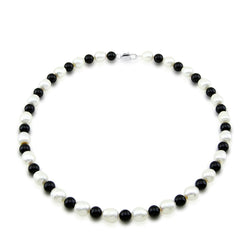 Classic 10-11mm White Freshwater Cultured Pearl and Black Onyx Necklace 20", Base Metal Clasp