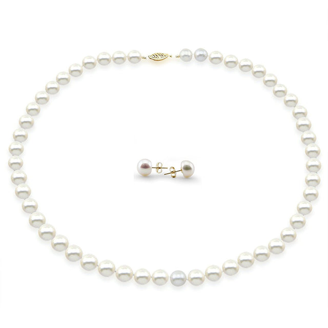 14K Yellow Gold 8–9mm White Freshwater Cultured Pearl Necklace, 18", and Earring Set