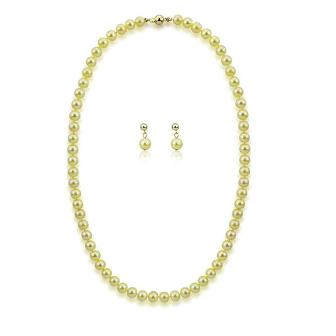 14k Yellow Gold 6.5-7.0mm Golden Akoya Cultured Pearl High Luster Necklace 20",Earring sets, AAA Quality.