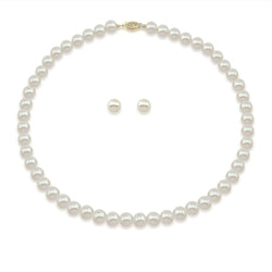 14K Yellow Gold 7.0-8.0mm White Freshwater Cultured Pearl Necklace 18" and Earrings Set, AAA Quality