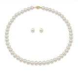 14K Yellow Gold 8.0-9.0mm White Freshwater Cultured Pearl Necklace 18" and Earrings Set, AAA Quality