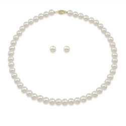 14K Yellow Gold 6.5-7.0mm White Freshwater Cultured Pearl Necklace 17" and Earrings Set, AAA Quality