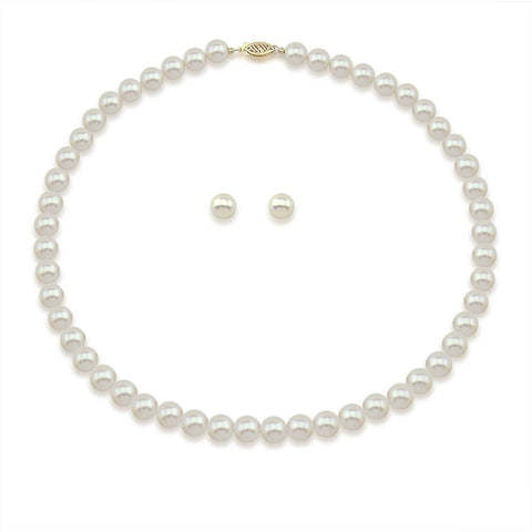 14K Yellow Gold 8.0-9.0mm White Freshwater Cultured Pearl Necklace 20" and Earrings Set- AAA Quality