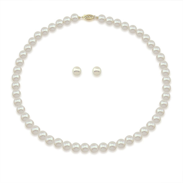 14K Yellow Gold 7.0-8.0mm White Freshwater Cultured Pearl Necklace 20" and Earrings Set, AAA Quality