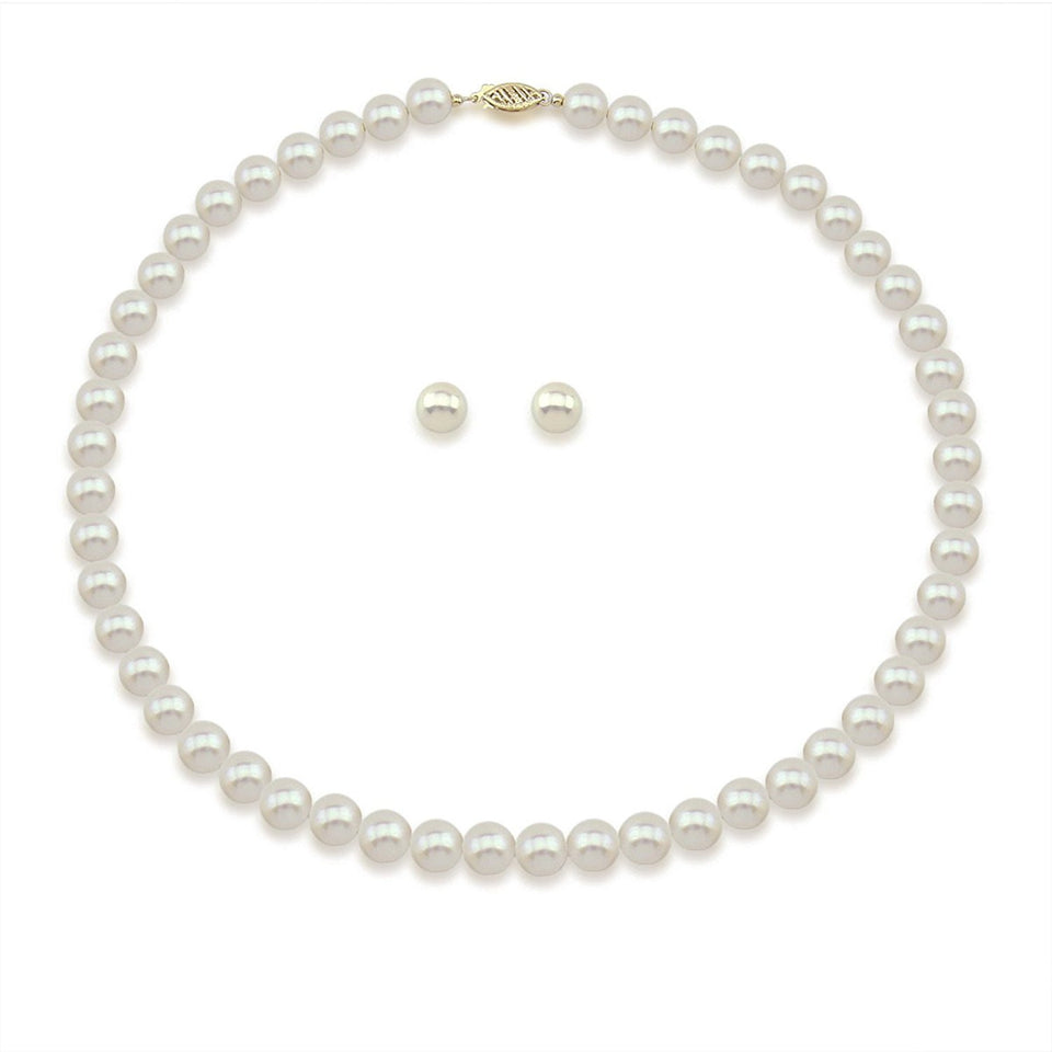 14K Gold 8–9mm White Freshwater Pearl Necklace & Earrings Set