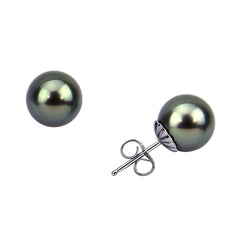 14K White Gold 10-11mm Elegant Dark Grey Tahitian Cultured Pearl Stud Earrings - AAA Quality