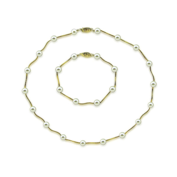 14K Yellow Gold 7.0-7.5mm White Akoya Cultured Pearl Station Necklace 18" and Bracelet 7.5" sets
