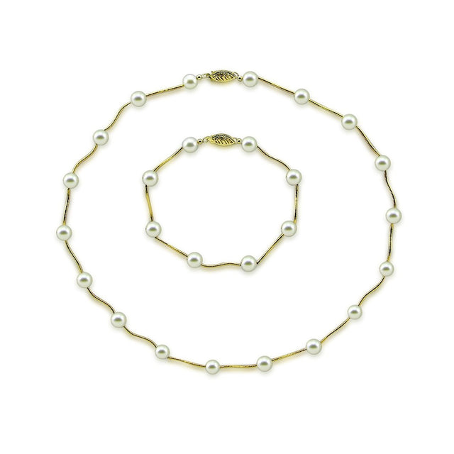 14K Gold 7–7.5mm White Akoya Pearl Necklace & Bracelet Set