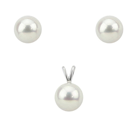 14K White Gold 7.0-7.5mm White Round Freshwater Cultured Pearl Stud Earrings, Pendant Sets -AAA Quality