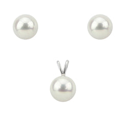 14K White Gold 10.0-11.0mm White Round Freshwater Cultured Pearl Stud Earrings, Pendant Sets, AAA Quality