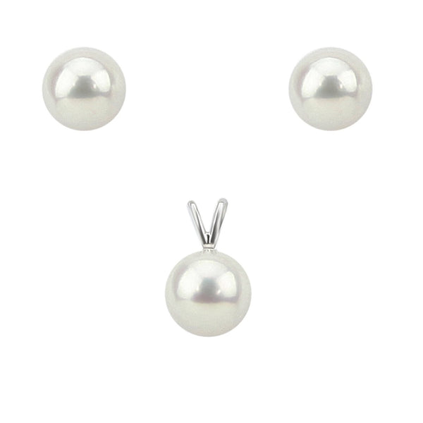 14K White Gold 11.0-12.0mm White Round Freshwater Cultured Pearl Stud Earrings, Pendant Sets, AAA Quality