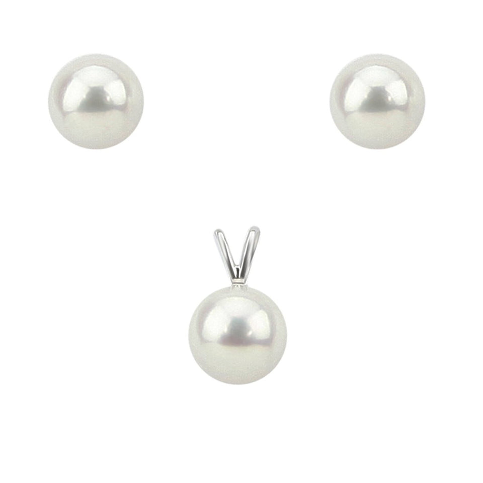14K White Gold 9–10mm White Round Freshwater Cultured Pearl Stud Earrings and Pendant Set