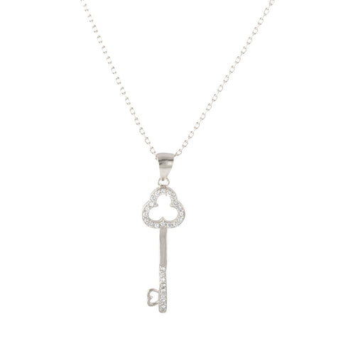 Sterling Silver Cubic Zirconia Pave Sterling Silver Key Pendant With 18" Chain