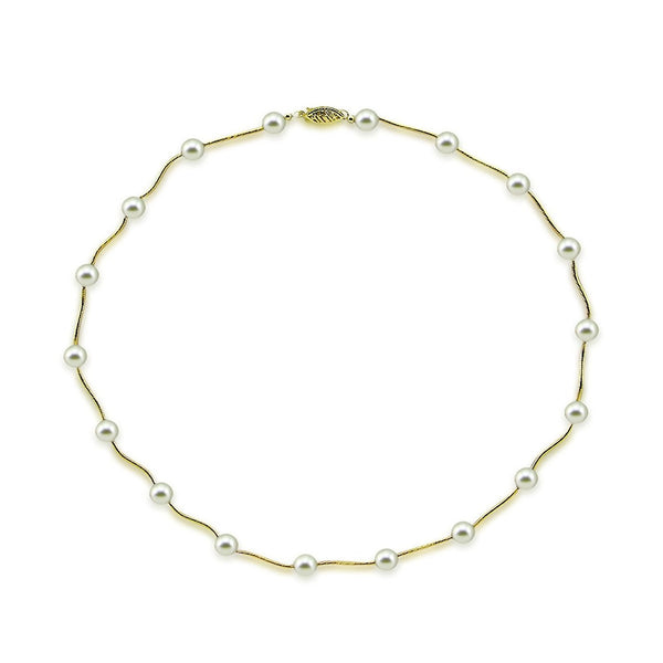 14K Yellow Gold 7.0-7.5mm White Akoya Cultured Pearl Station Necklace 18"