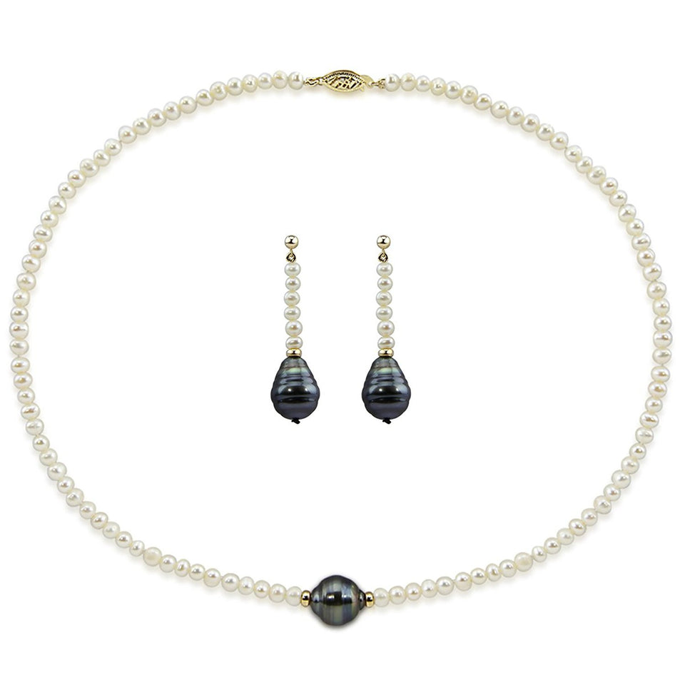 14K Yellow Gold 4–5mm Freshwater and 11–12mm Tahitian Cultured Pearl Necklace, 16", and Earring Set