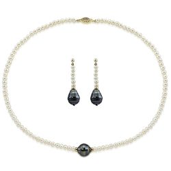 14k Yellow Gold 11-12mm,4-5mm Tahitian Cultured pearl,Freshwater Cultured Pearl Necklace 18" earring sets