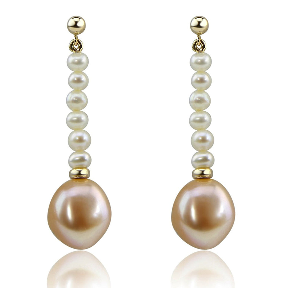 14K Yellow Gold 4–5mm White and 11–12mm Pink Baroque Freshwater Cultured Pearl Dangle Earring
