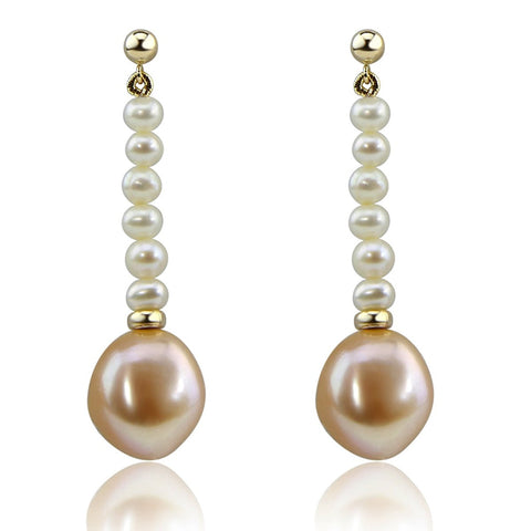 14K Yellow Gold 4-5mm white,11-12 mm Pink Baroque Freshwater Cultured Pearl dangle Earring