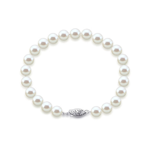 14K White Gold 6.5-7.0mm White Freshwater Cultured Pearl Bracelet 7.5" Length - AAA Quality