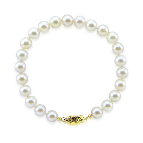 14K Yellow Gold 7.0-8.0mm White Freshwater Cultured Pearl Bracelet 7.0" Length - AAA Quality