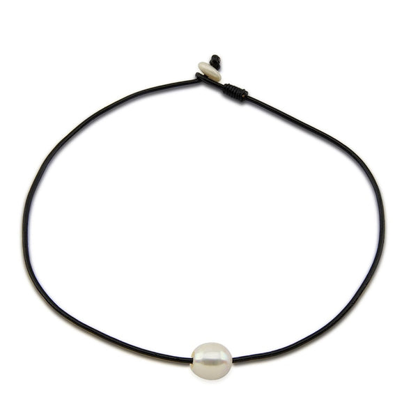12-13mm White Freshwater Cultured Pearl Necklace with Leather,20"