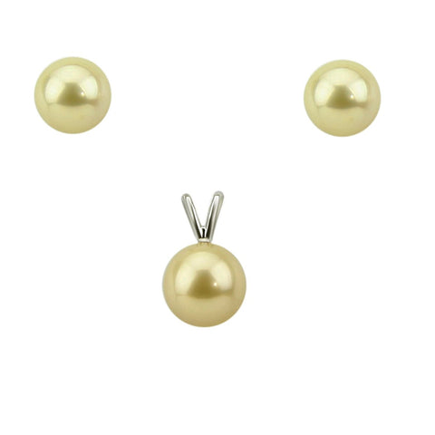 14K White Gold 9-10mm Golden South Sea Cultured Pearl Stud Earrings and Pendant Sets - AAAA Quality