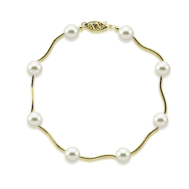 14K Yellow Gold 7–7.5mm White Akoya Cultured Pearl Station Bracelet, 7.5"